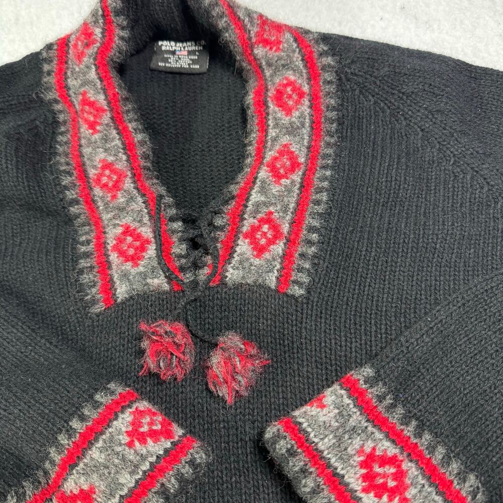 Polo Jeans Co Ralph Lauren Womens Large Black Pom Pom Tassel Wool blend Sweater